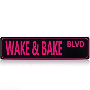 Wake & Bake Blvd Pink on Black Metal Sign